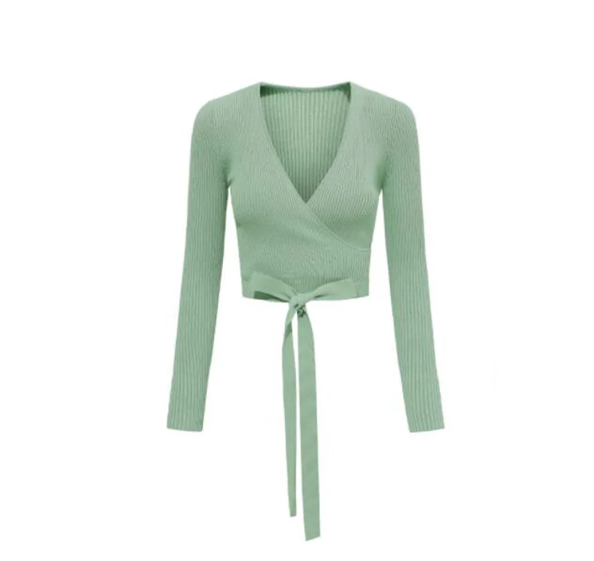 

Cultiseed Women Sexy Elegant V Neck Cross Lacing Up Bow Bandage Knitted Sweaters Female New Long Sleeve Pullovers Short Tops