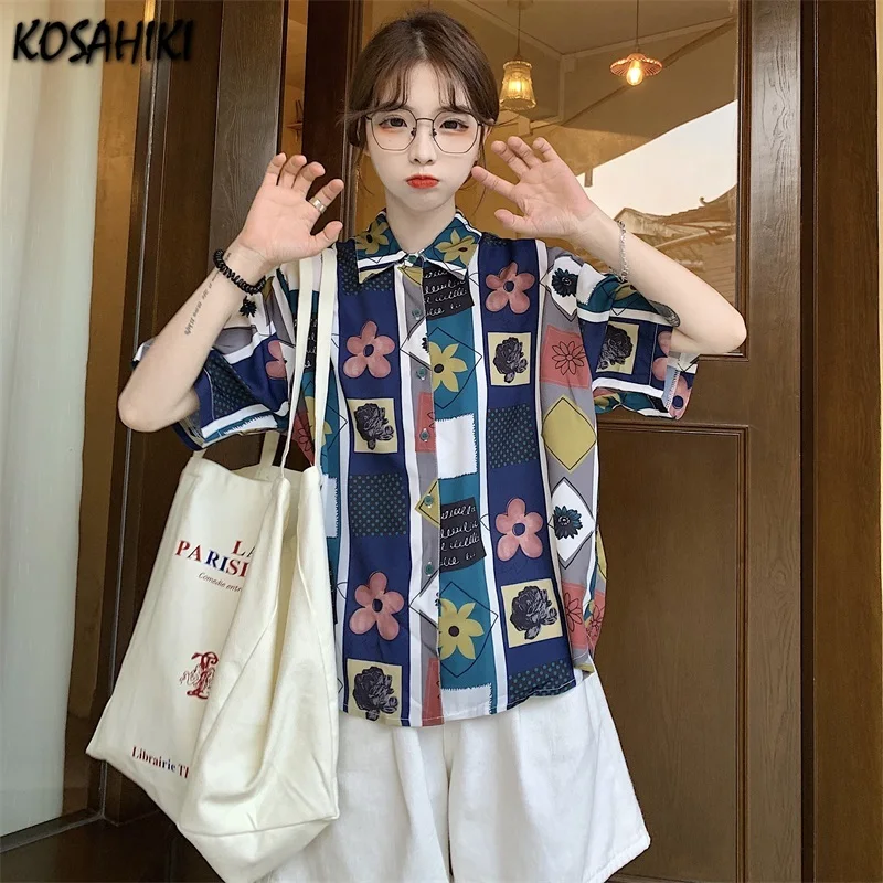 

KOSAHIKI Summer New Vintage Floral Print Women Blouses Chic Short Sleeve Turn-Down Collar Shirts Harajuku Ulzzang Blusas Mujer