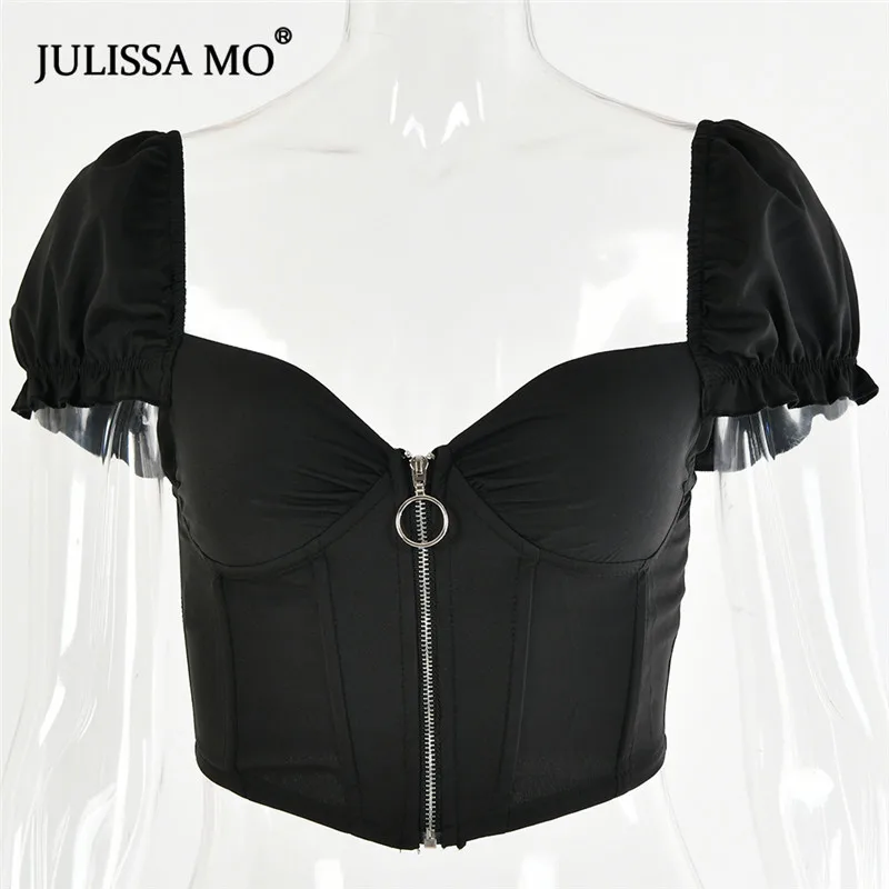 Черный Julissa mo сексуальный корсет с v-образным вырезом укороченный Топ Женская мода оборки на молнии летняя майка пляжная одежда повседневные женские топы с вырезом на спине - Цвет: Черный
