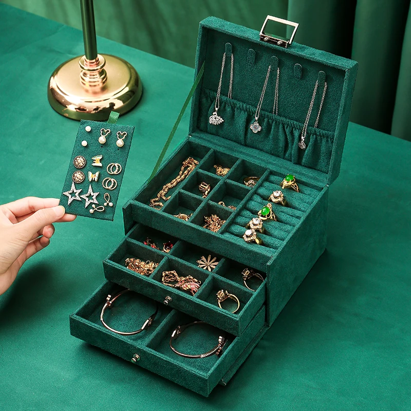 WE 3styles Green Velvet Flannel Jewelry Storage Box with Retro Lock Organizer Earring Necklace Display Organizer for Women Gifts