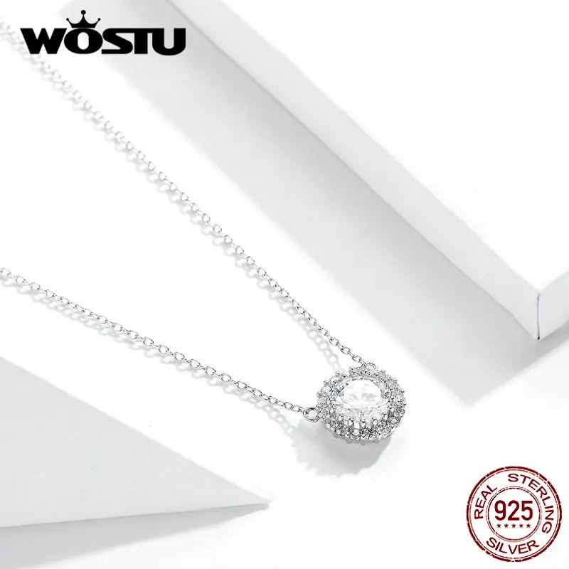 WOSTU 100% 925 Sterling Silver Delicate Zircon Necklaces Round Pendant For Women Long Chain Link Wedding Jewelry DXN345 | Украшения и