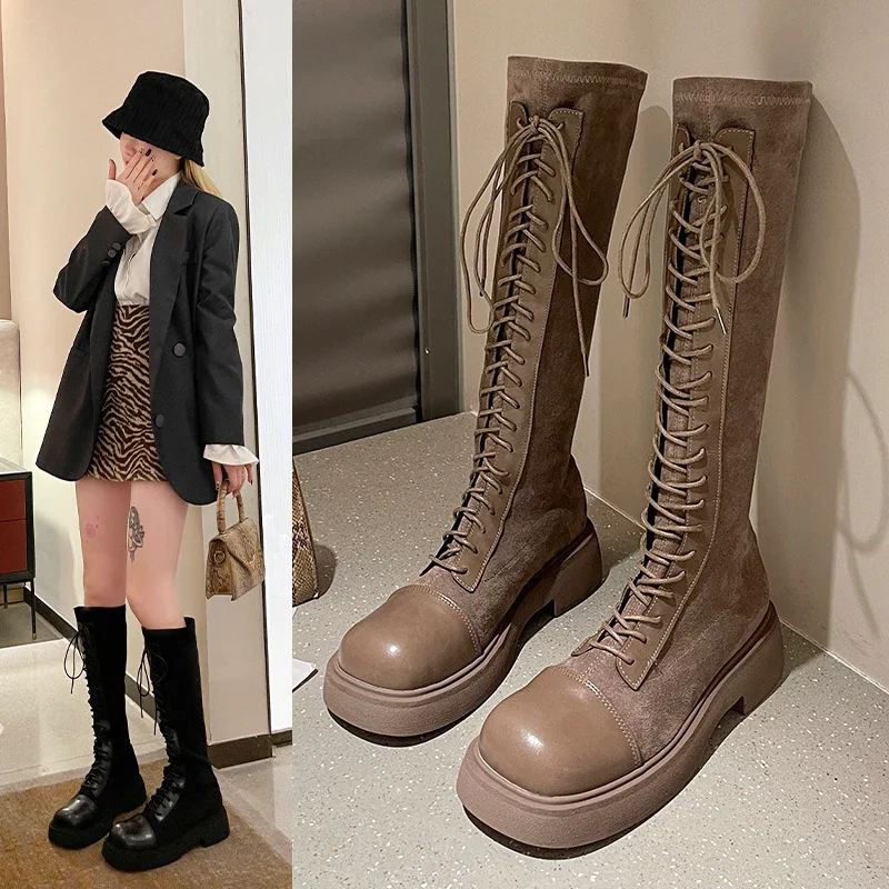 

Boots Female below the Knee 2021 Spring and Autumn New Large Waist Thick Leg High Elastic Suede Lace-up Slimming Knight Boots
