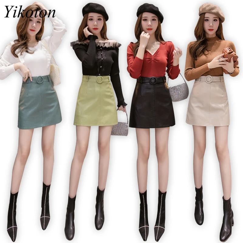 

Women Mini Skirts Autumn Winter New Korean Fashion Bag Hip PU Leather Skirt Female High Waist Sashes Wild Short Skirt Shorts
