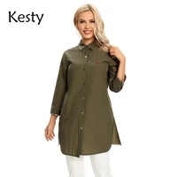 kesty womens plus size windbreaker mid length lapel shirt spring and autumn loose buttoned windbreaker