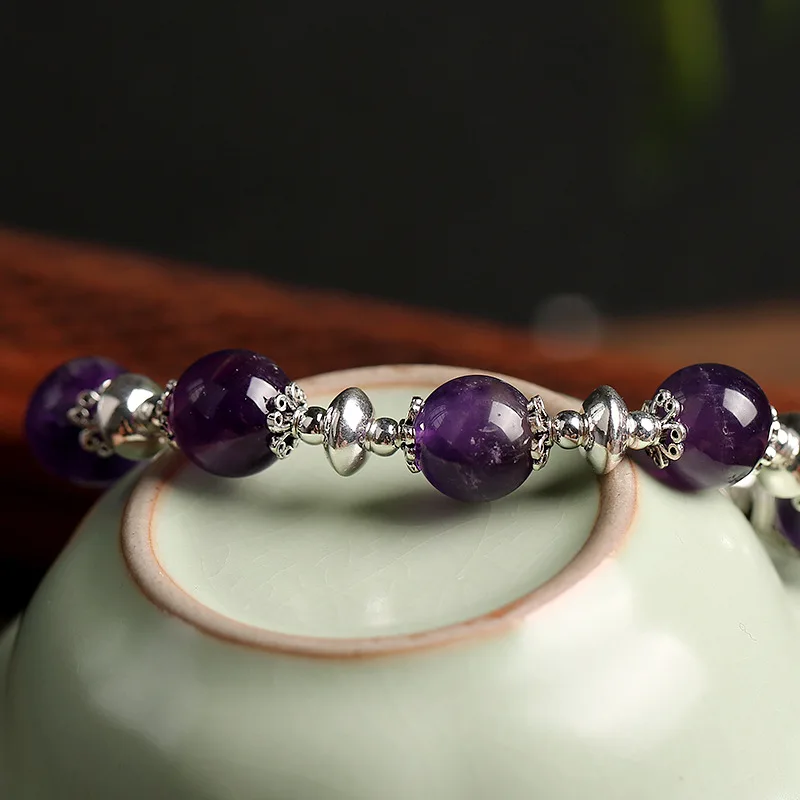 

OMHXZJ Wholesale CS43 European Fashion Woman Party Birthday Gift Natural Amethyst Beads Tassel 100% 925 Sterling Silver Bracelet
