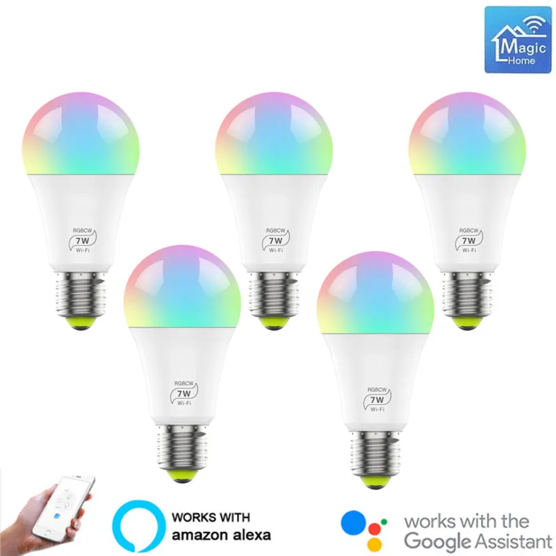 

7W WiFi Smart Light Bulb E27 LED RGBCW Lamp Work With Alexa/Google Home 100-240V RGB+White Dimmable Timer Function Magic Bulb