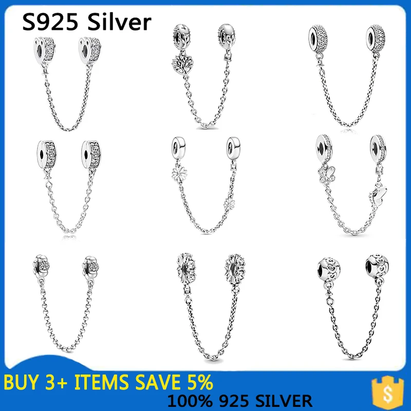 

Silver 925 Sparkling Clear Sparkle Flower Safety Chain Charm Bead Fit Original Pandora Bracelet Pendant DIY Jewelry For Women