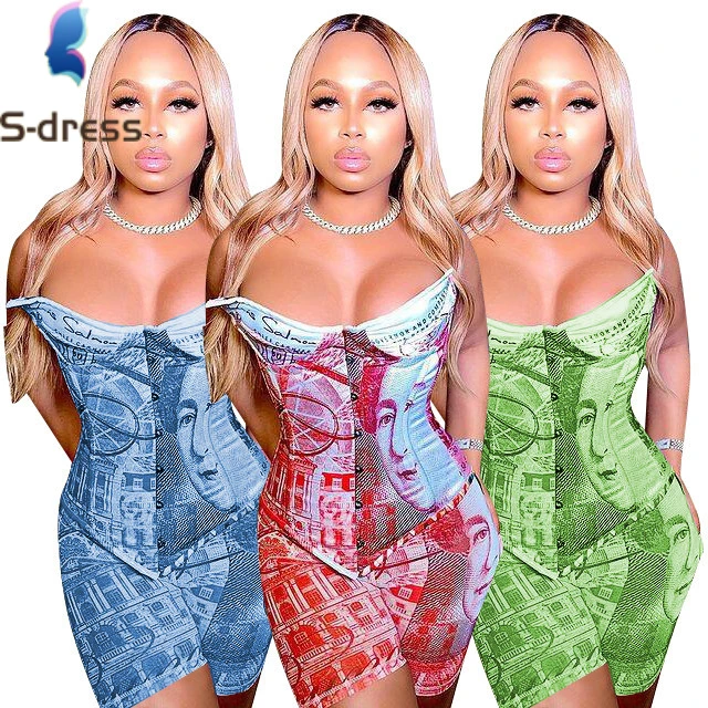

Anti-pilling Summer Women Sexy & Club Sexy Set with Pattern Sleeveless Bodycon Fashion Money Corset Shorts Set Women Clothing