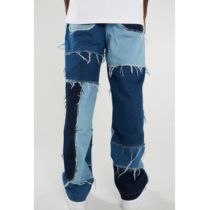 Men Wash Splice Casual Straight Tassel Patchwork Jeans Trousers Male Fashion Streetwear Loose Hip Hop Denim Full Length Pants | Мужская