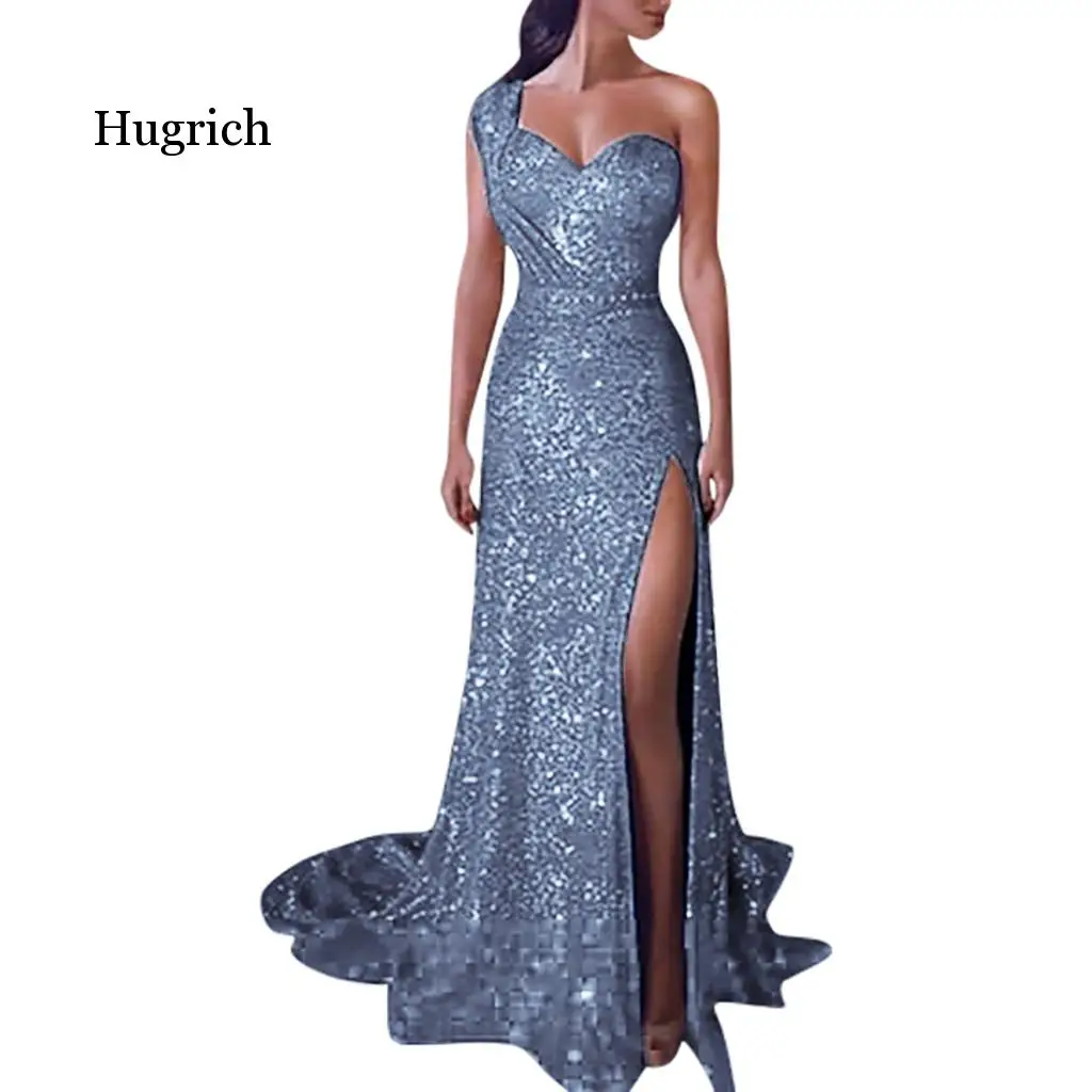 

Sequin Dress Women Sexy One Shoulder Party Dress Ladies Elegant Robe Ball Gown Gold Bridesmaid V Neck High Split Long Dress
