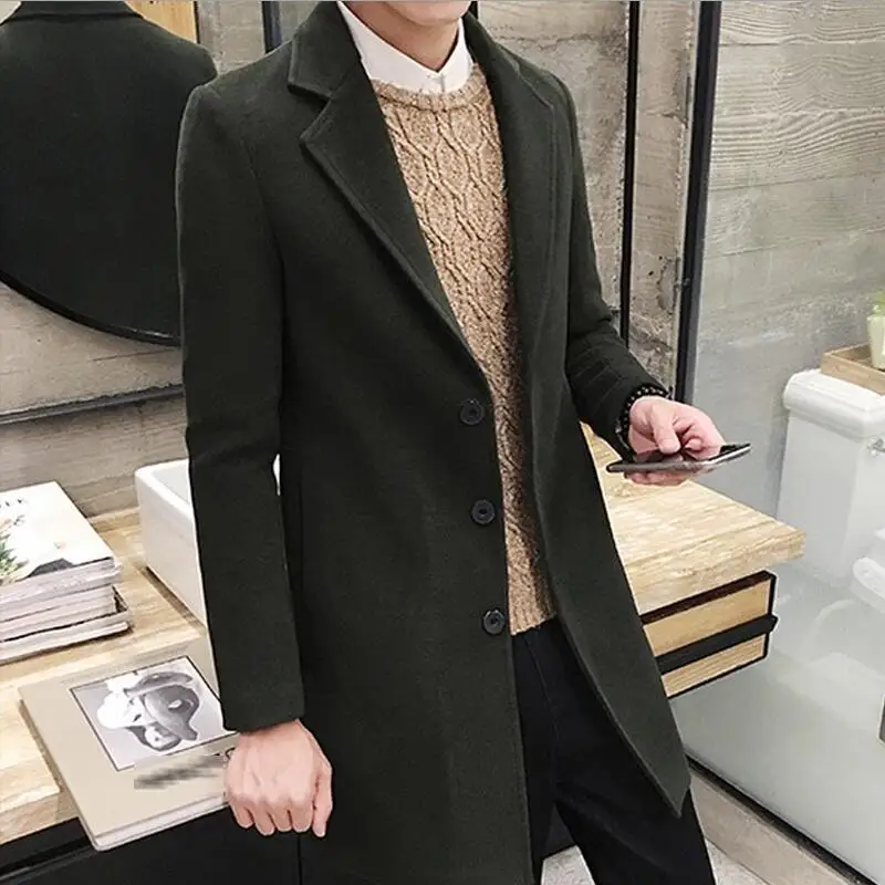 Army Green Новинка, модный бутик, чистый цвет, Высококачественная Мужская шерстяная ткань, повседневный деловой Тренч, Мужской плащ, для отдыха, смешанные, пылезащитные пальто, куртки - Цвет: Army Green