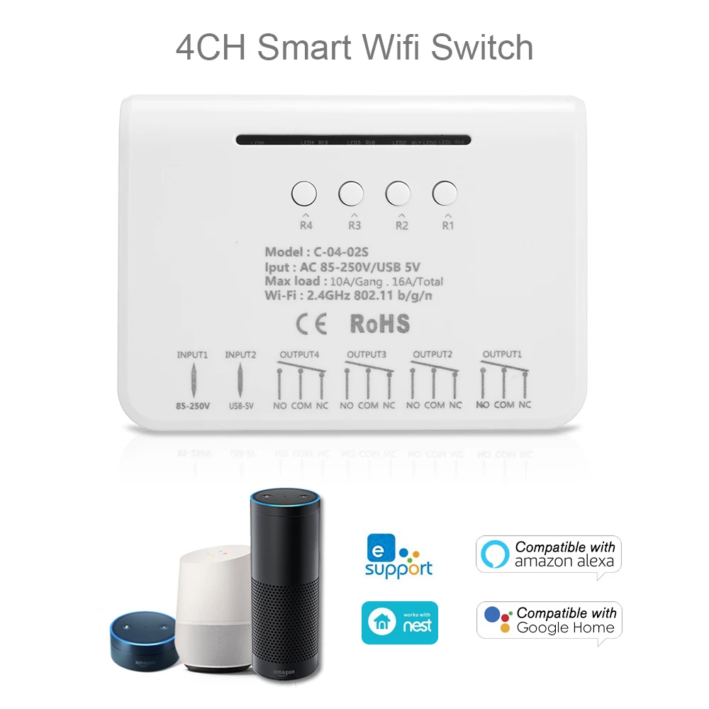 

Умный Wi-Fi модуль переключателя eweLink, реле с таймером для Alexa Google Home, 4 канала, 5 В, 7-32 В, 85 в, 220 В, 250 В, 10 А