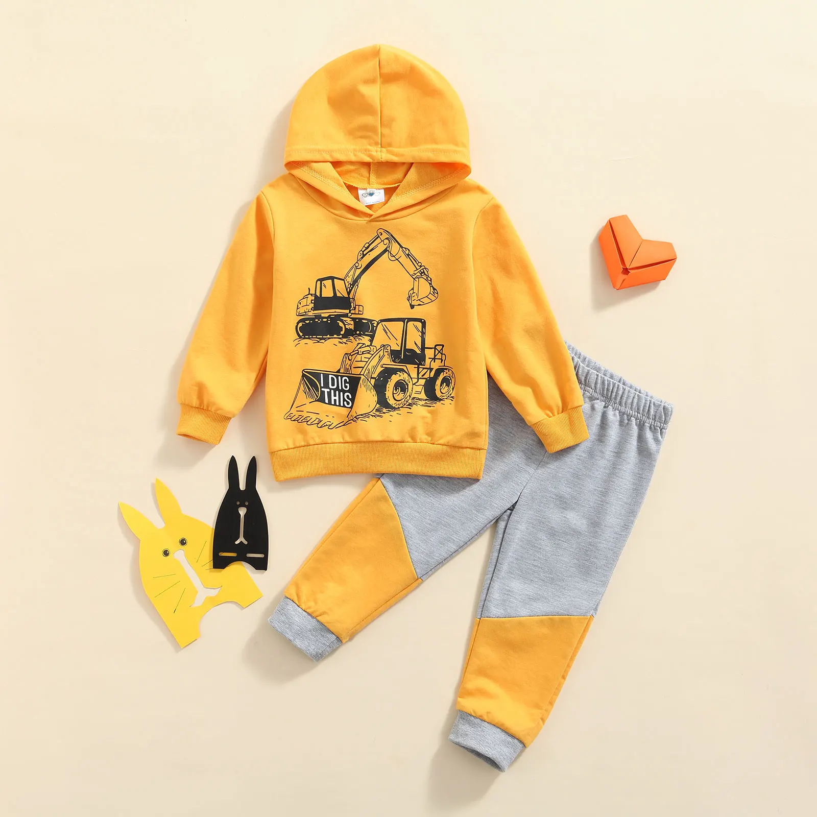 

2-7 Years Hooded Baby 2 Pcs Toddler Casual Outfits, Boys Digger Letter Print Long Sleeve Hooded Sweatshirt + Color Block Pants