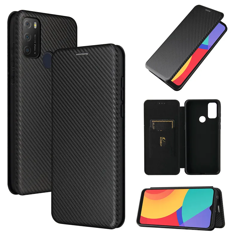 

2021 For Alcatel 3L 2021 Case 6.52" Fashion Carbon Fiber PC Hard Card Holder Slim Leather Case for Alcatel 3L 2021 Wallet Flip C
