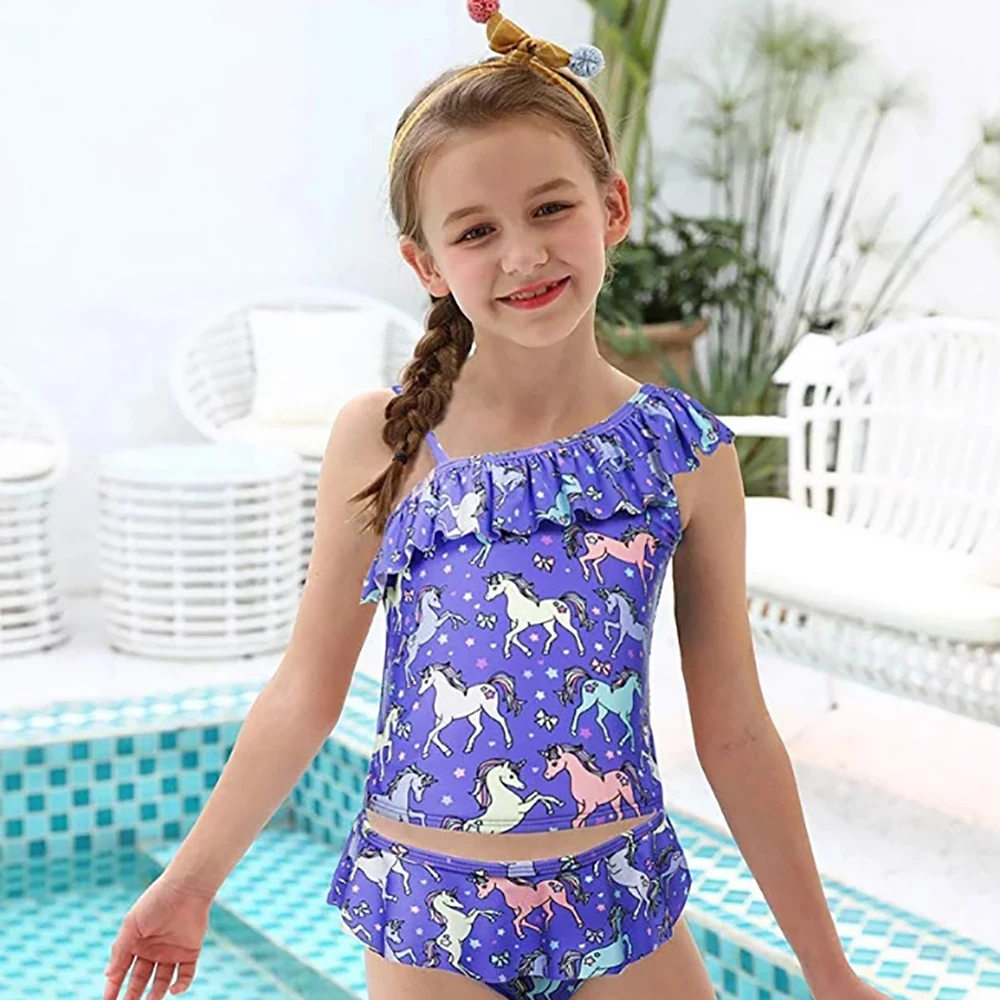 Детский танкини для девочек купальник с оборками на одно плечо цветочным