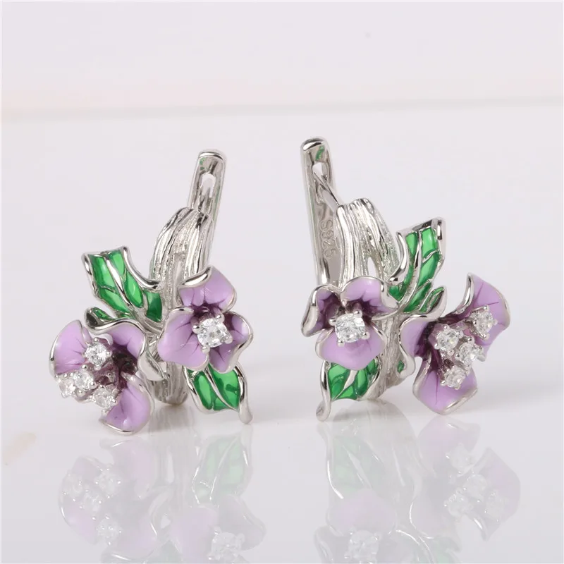 100% 925 пробы серебряные модные эмалированные Клипсы Серьги для женщин цветок