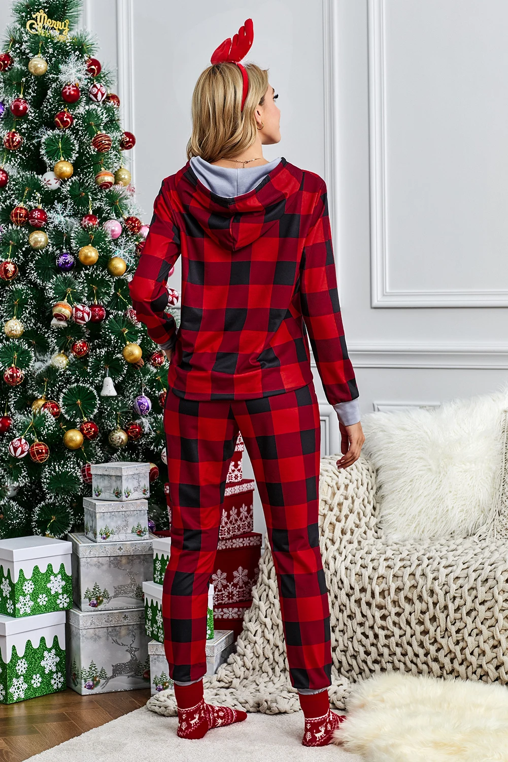 2021 Winter Adult Ladies Blank Red Plaid Pyjamas Sleepwear Long Sleeve Women Christmas Pajamas