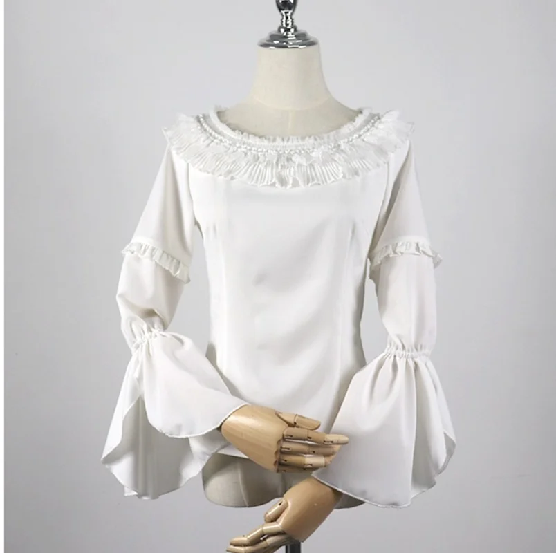 Винтажная Милая рубашка в стиле Лолиты с круглым вырезом и рюшами Облегающая