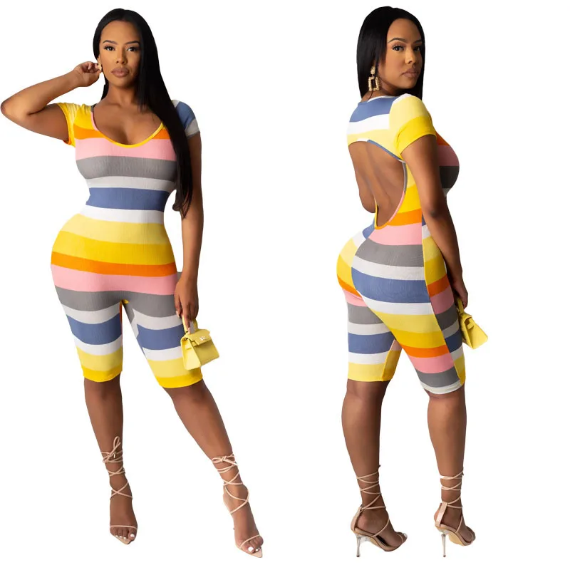 

Colorful striped print spandex jumpsuit for women high street fashion holiday party clothes short sleeve boho sexy romper shorts