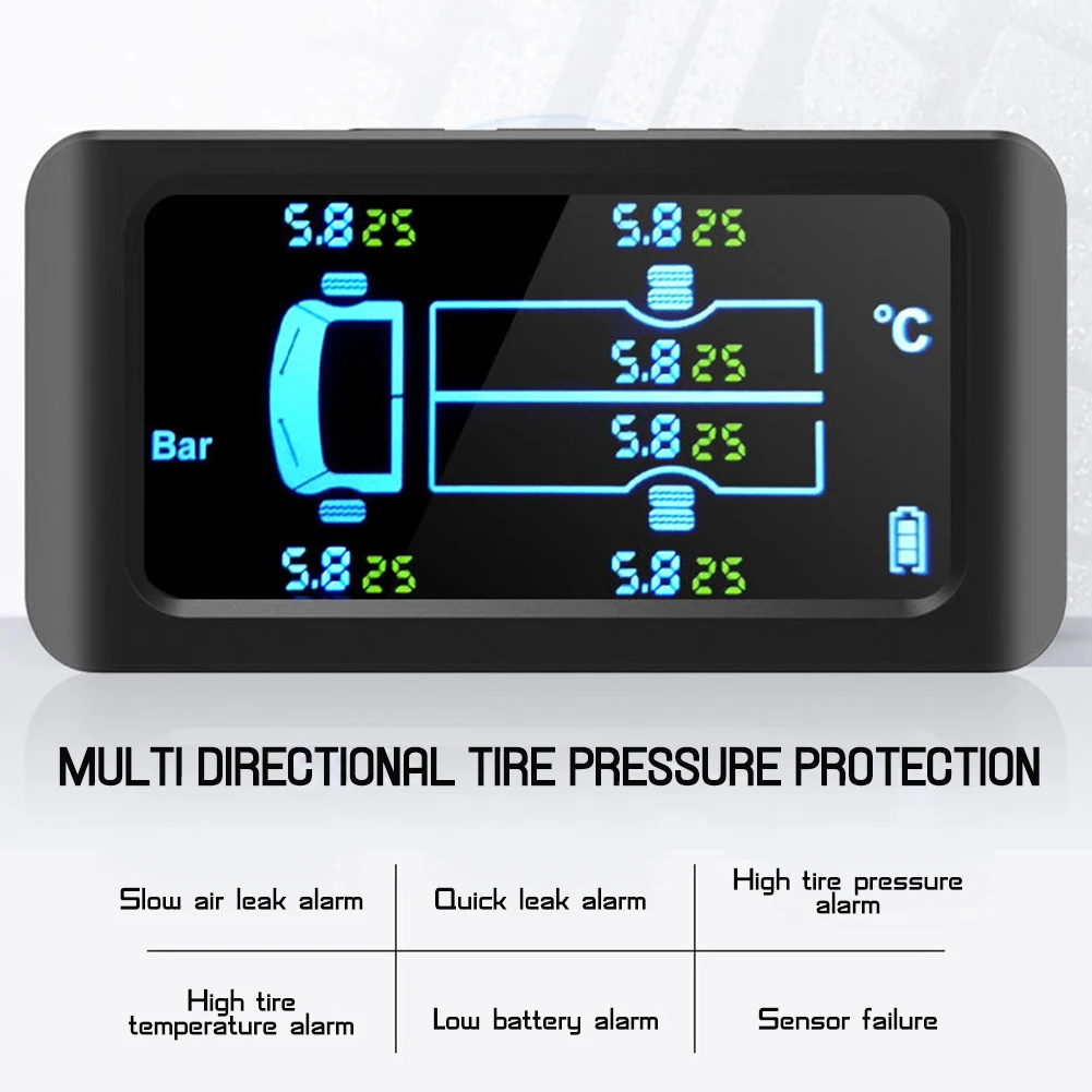 

Solar Smart Car TPMS Tire Pressure Monitoring System Digital LCD Display Auto Security Alarm 6 Sensors 122PSI 8.5Bar 800mAh