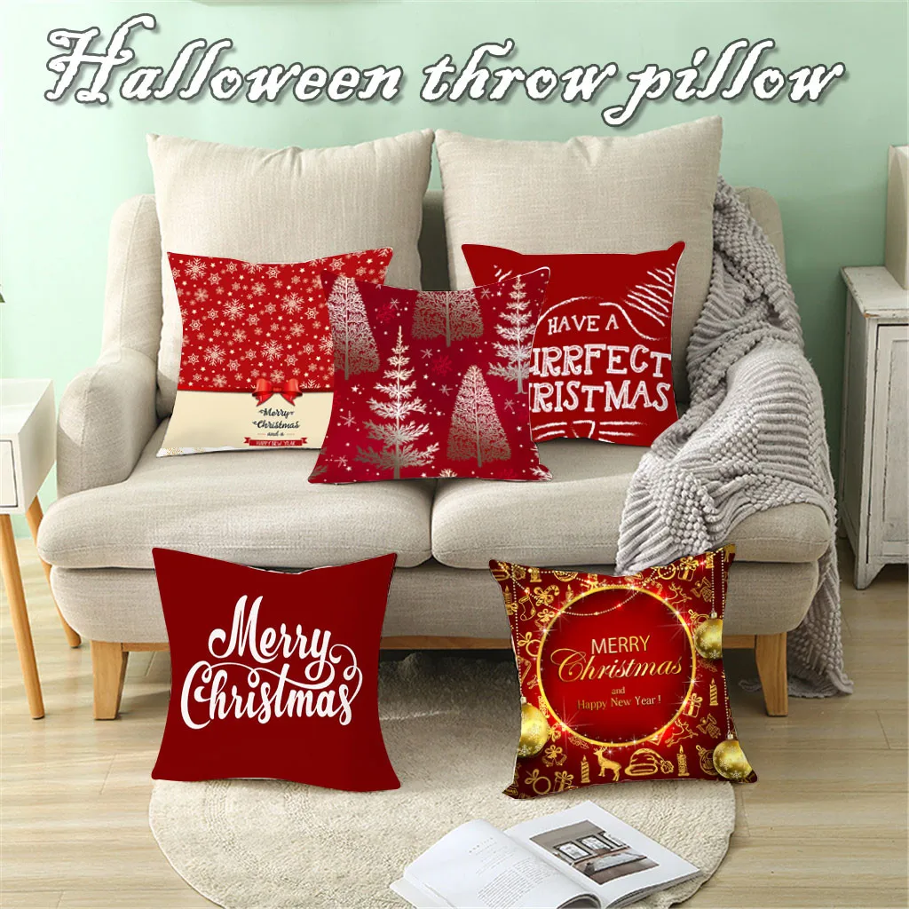 

45-45CM Square Christmas Linen Cartoon Letter Printing Cushion Cover Home Office Sofa Pillowcase Merry Christmas Decor