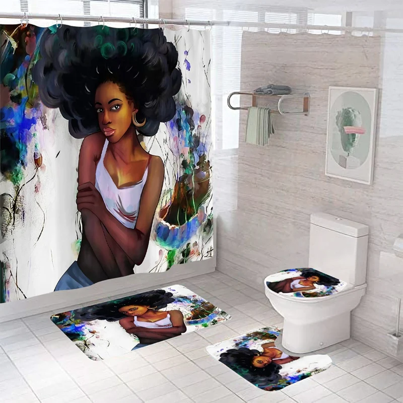 

Africa Girl Bathroom Set Waterproof Shower Curtain Non-Slip Toilet Seat Covers Carpets Bath Mat Kit Rugs And Carpets Set