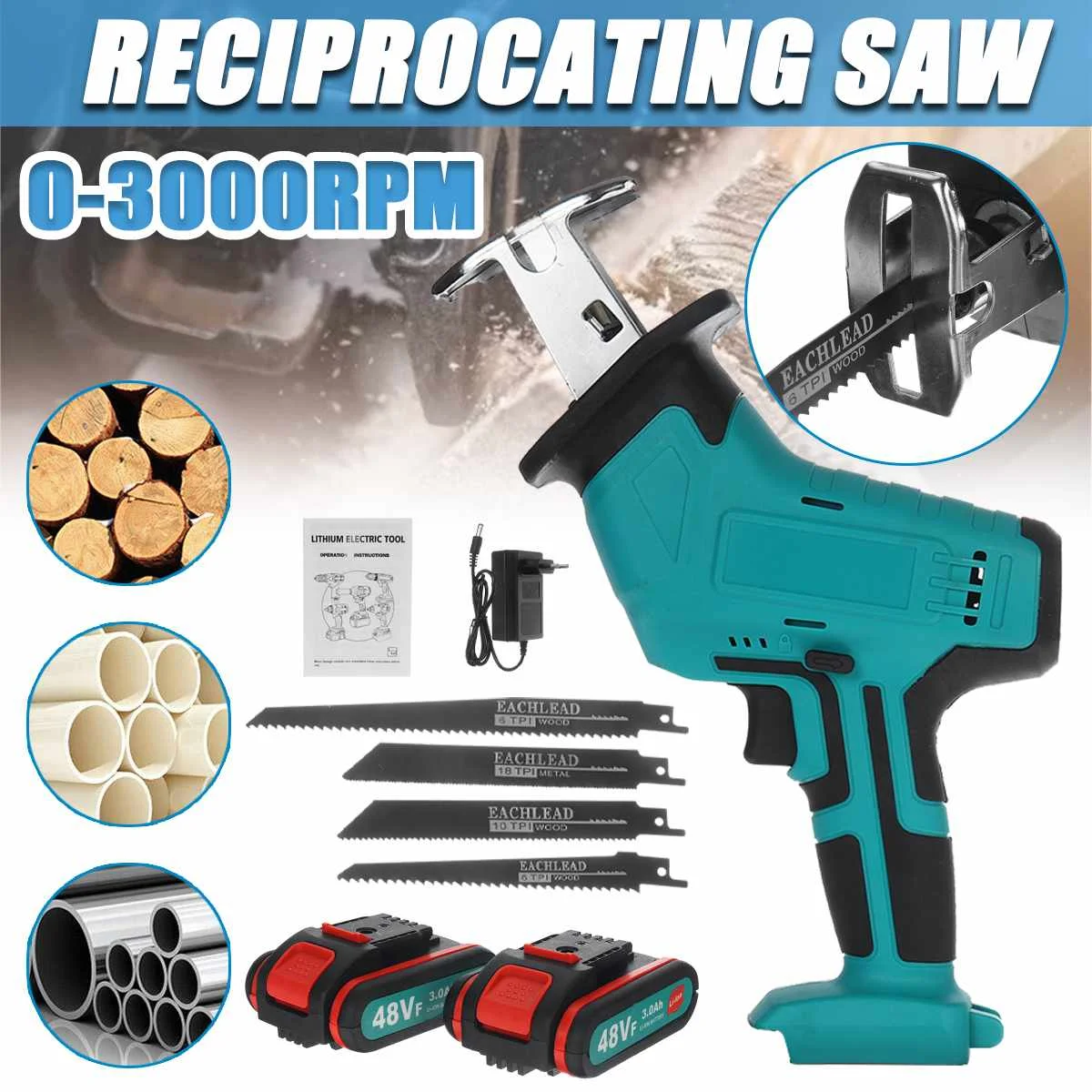 

48VF Electric Cordless Reciprocating Saw Mini Saw Chainsaw Running Saw Power Tools for Wood Metal Cutting With 2Battery 4 Blades