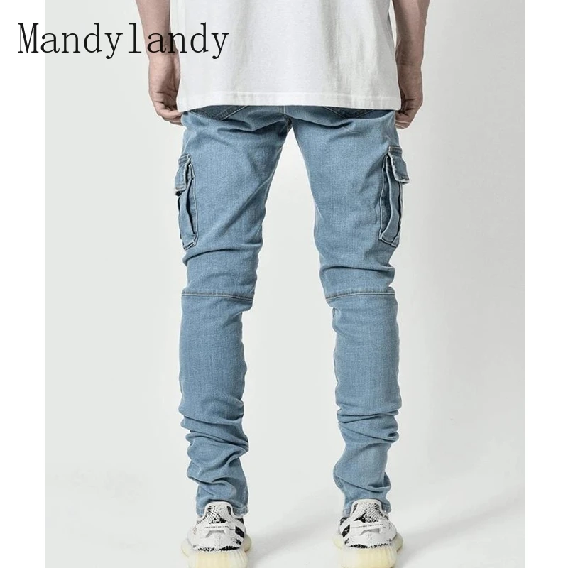 

Mandylandy Solid Color Jeans Autumn Winter Button Mid-Waist Denim Pencil Pants Men's Casual Slim-Fit Pocket Stitching Jeans