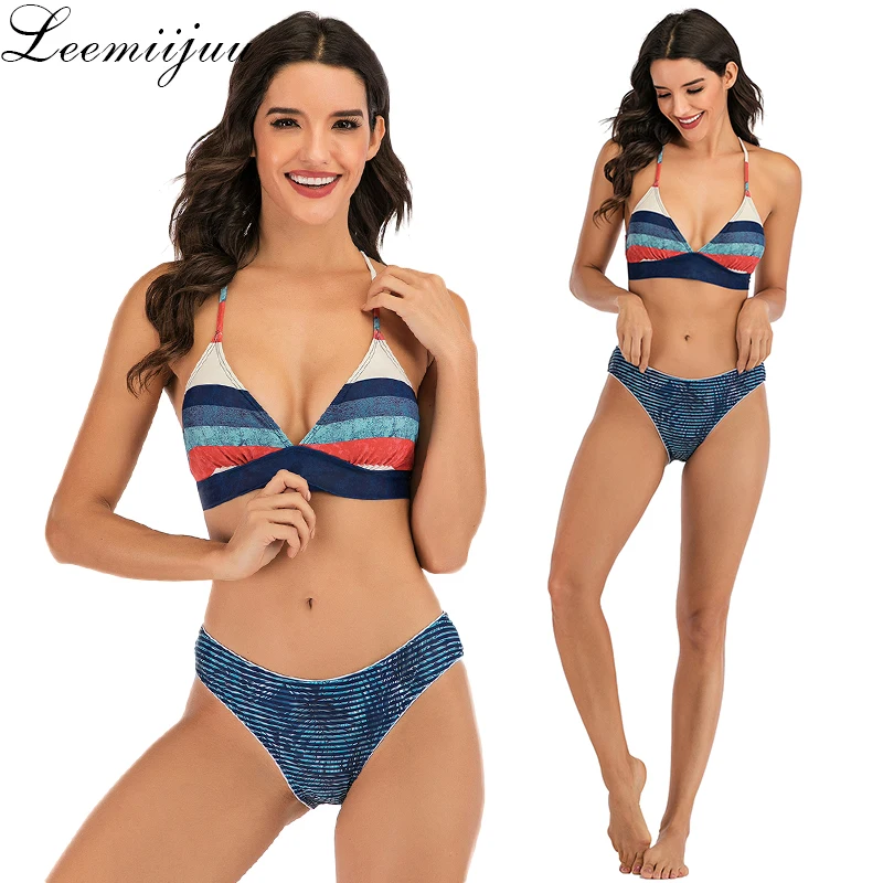 

LEEMIIJUU Women Biquini Swimsuit Two Piece Stripe Print Bandage Split Halter Shower Swimwear Beachwear Colorful Push Up Bikini