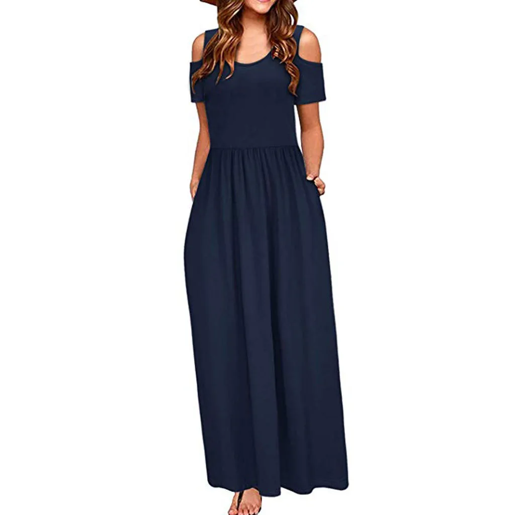 

Woman's Dress O-neck Pocket Sexy Off Shoulder Short Sleeve Elegant Maxi Dress Temperament Summer Dress Custom Vestido De Mujer