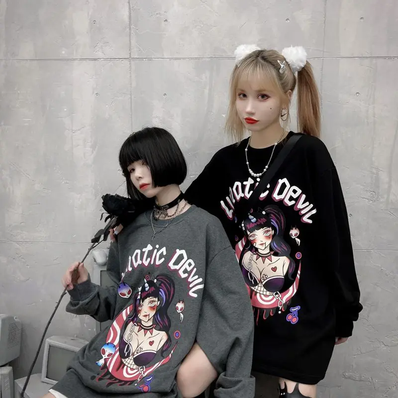 

Anime Cartoon Printed Goth T-Shirt Sexy Alien Girl Long Sleeve Loose Autumn Women Tops Streetwear Punk Tees New Fashion T-Shirt