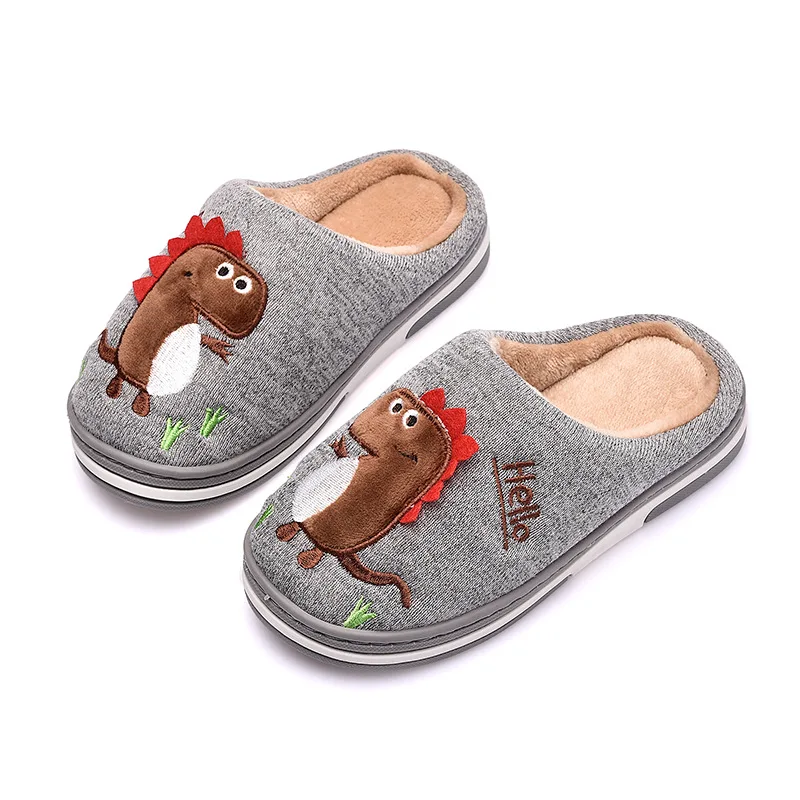 Зимние новые детские хлопковые тапочки домашние с динозавром из мультфильма