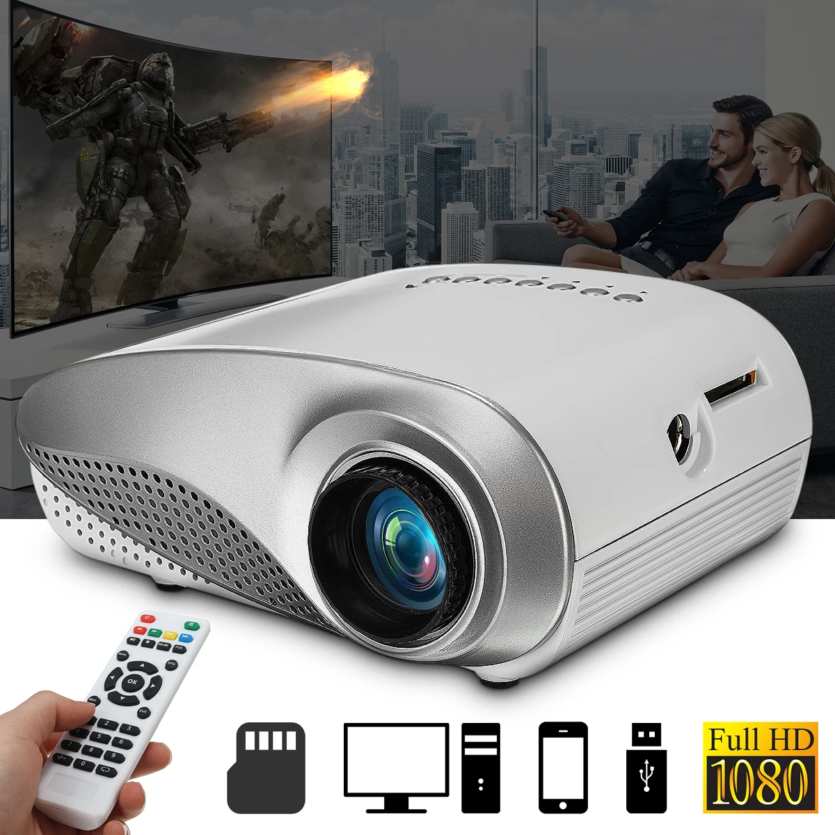 ЕС 1080P 3D мини проектор с разрешением Full HD Портативный светодиодный мультимедиа