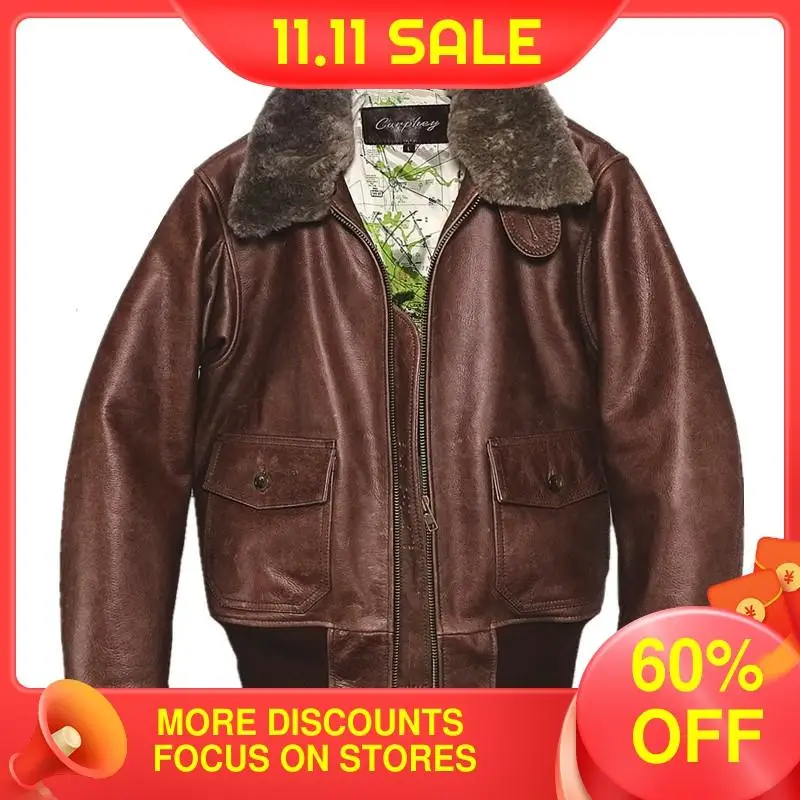 

2021 Brown Genuine Leather Jacket Men Military Style Plus Size 4XL Real Natural Cowhide Autumn Loose Aviation Coat