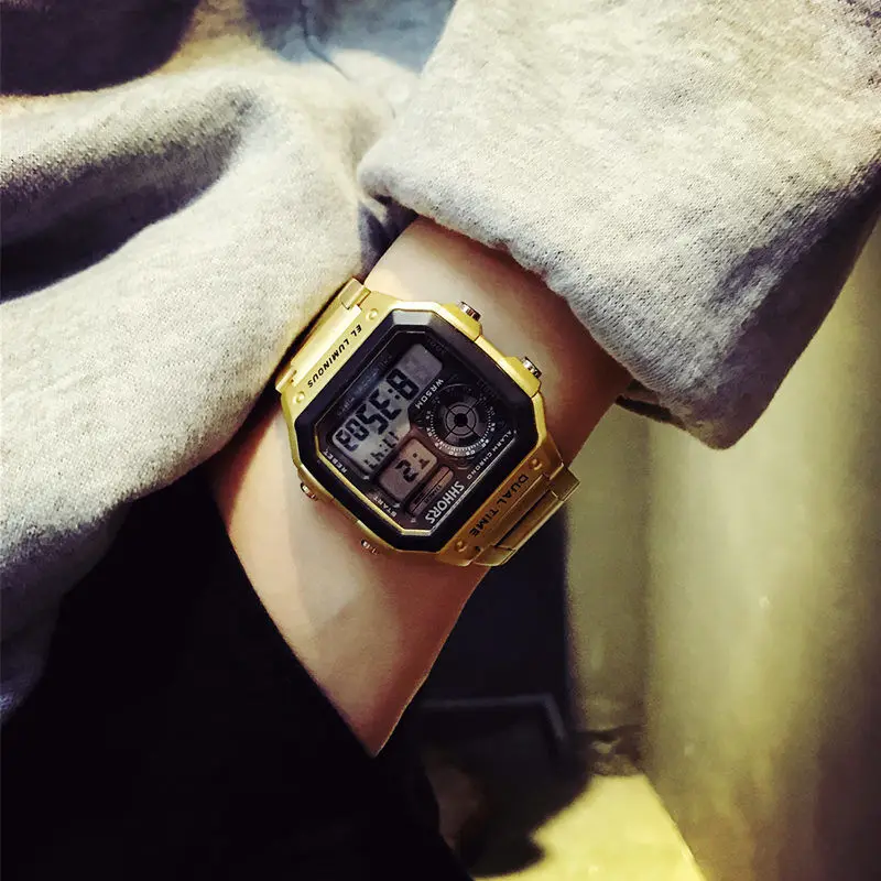 Цифровые часы мужские спортивные квадратные наручные полностью из нержавеющей