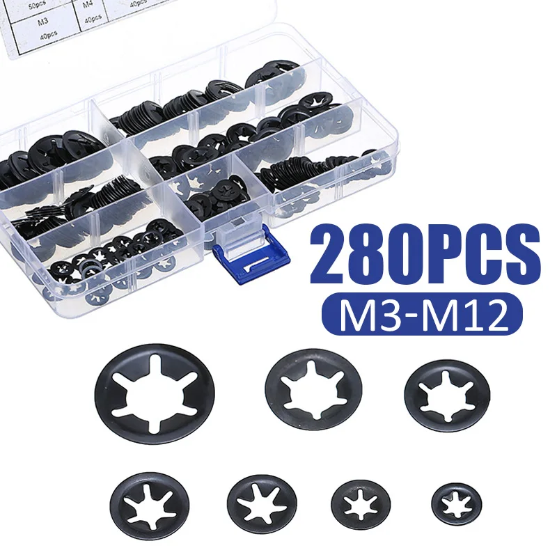 280 шт./набор 7 размеров м3 М4 М5 М6 М8 М10 быстродействующая гайка Starlock шайба звездного замка скорость плоский Вал крепежная фурнитура прокладка