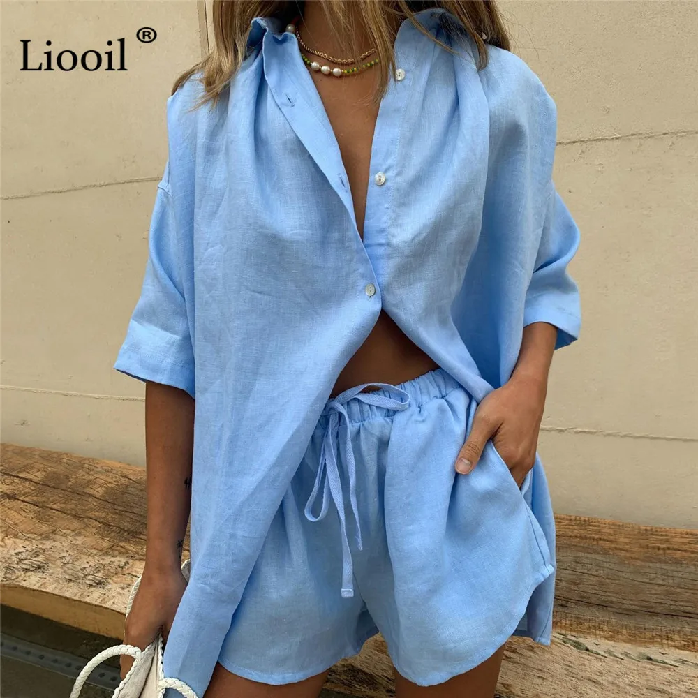 

Женский комплект из двух предметов Liooil, свободная рубашка, топ и шорты с карманом на пуговицах и кулиске, сине-белые сексуальные костюмы