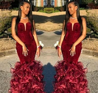2021 new african sexy mermaid burgundy red prom dresses backless black girls velvet formal evening party gowns plus size prom