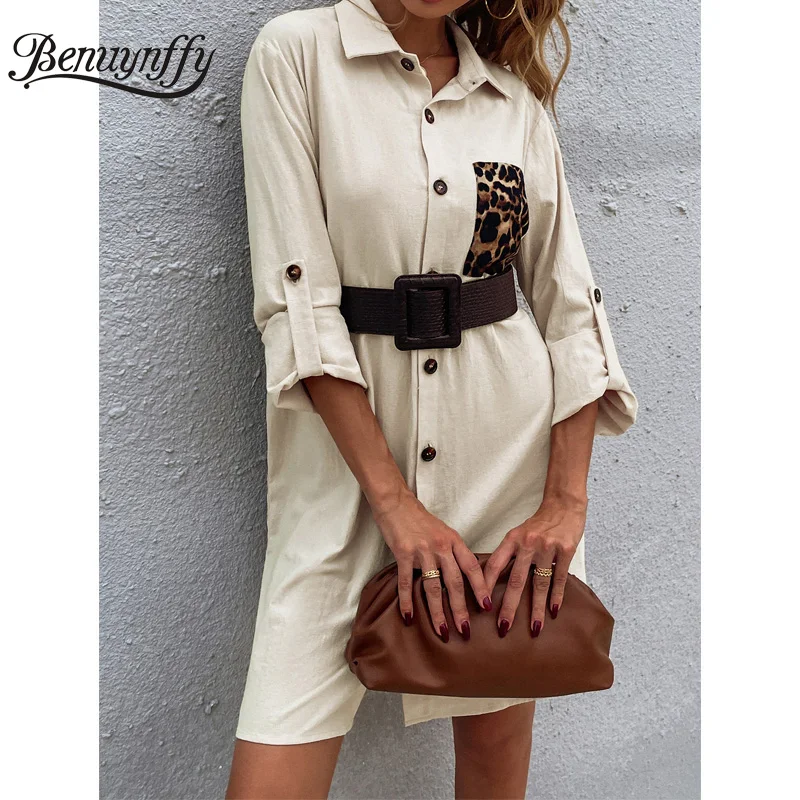 

Benuynffy Turn-down Collar Single Breasted Long Sleeve Shirt Dress Women Leopard Pocket Loose Casual Autumn Dress Without Belt