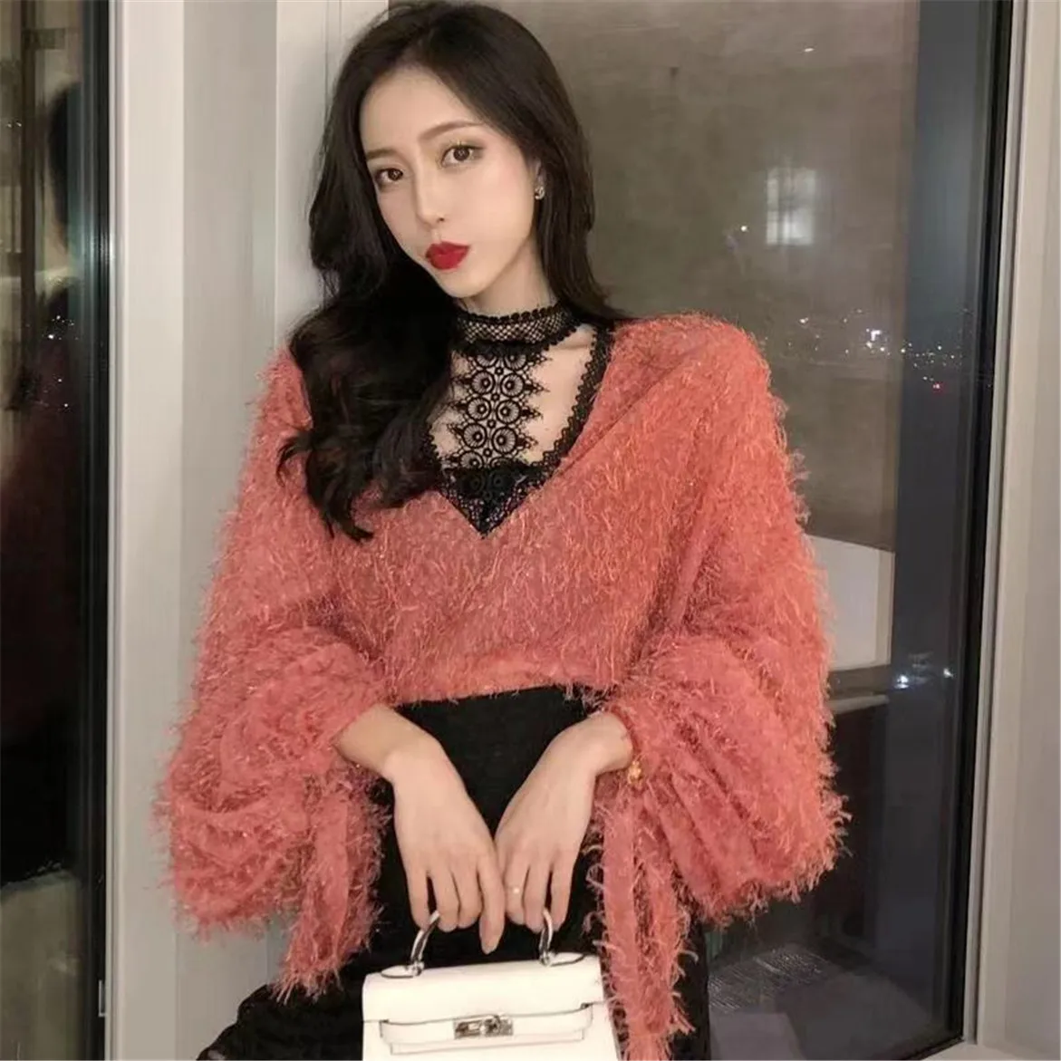 

Chemisiers Et Blouses Femme Korean Loose Lace Up Blouses Halter Hollow Out Long Sleeve Shirts Tassel Chiffon Tops Woman New