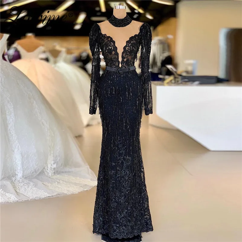 

Tassel Beading Black Dubai Party Dress 2020 Pageant Gowns Robe De Soiree Kaftans Evening Dress Saudi Arabia Prom Dresses Long