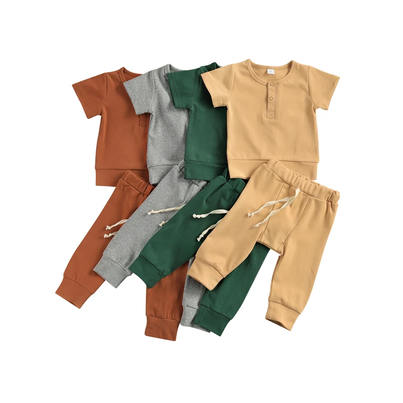

2020 Baby Spring Summer Clothing Infant Baby Girl Boy Unisex Solid Tracksuit Outfits Long Sleeve Top+Pant Clothes 2Pcs Set 0-24M
