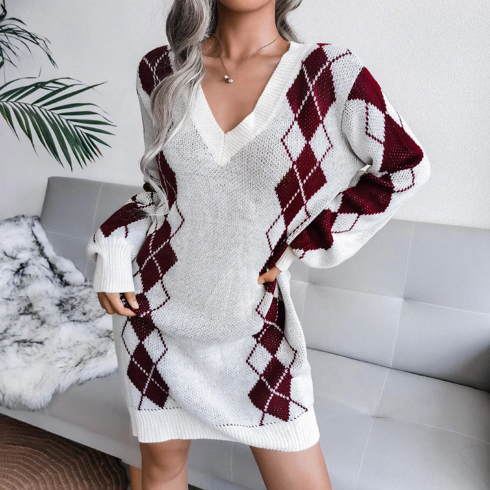 

Women's Autumn New Dress Fashion Simple Commuter Style Long-sleeved V-neck Prismatic Lattice Pattern Loose Warm Knitted Dresses