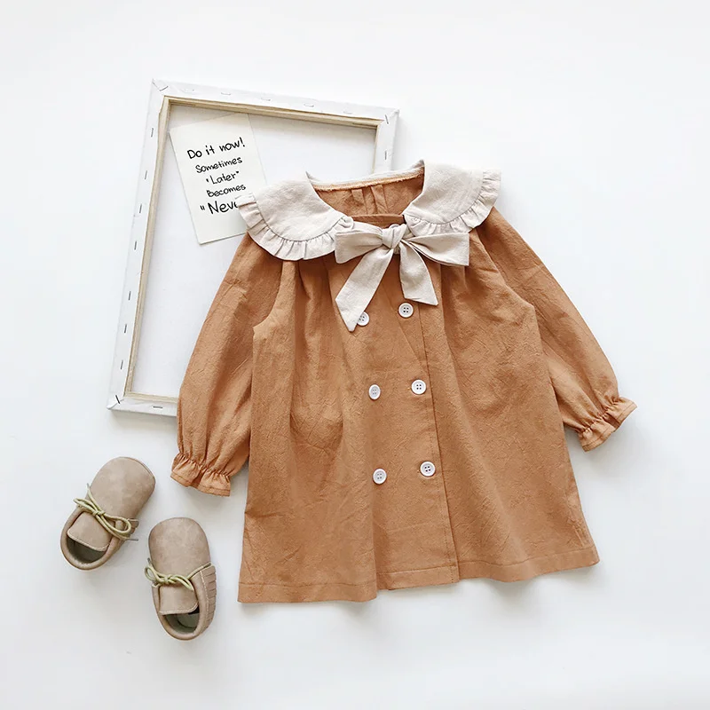 

Mudkingdom Casual Girls Dress Solid Bow Peter Pan Collar Puff Sleeve Double Breasted Dresses for Toddler Drop Shoulder Clothing
