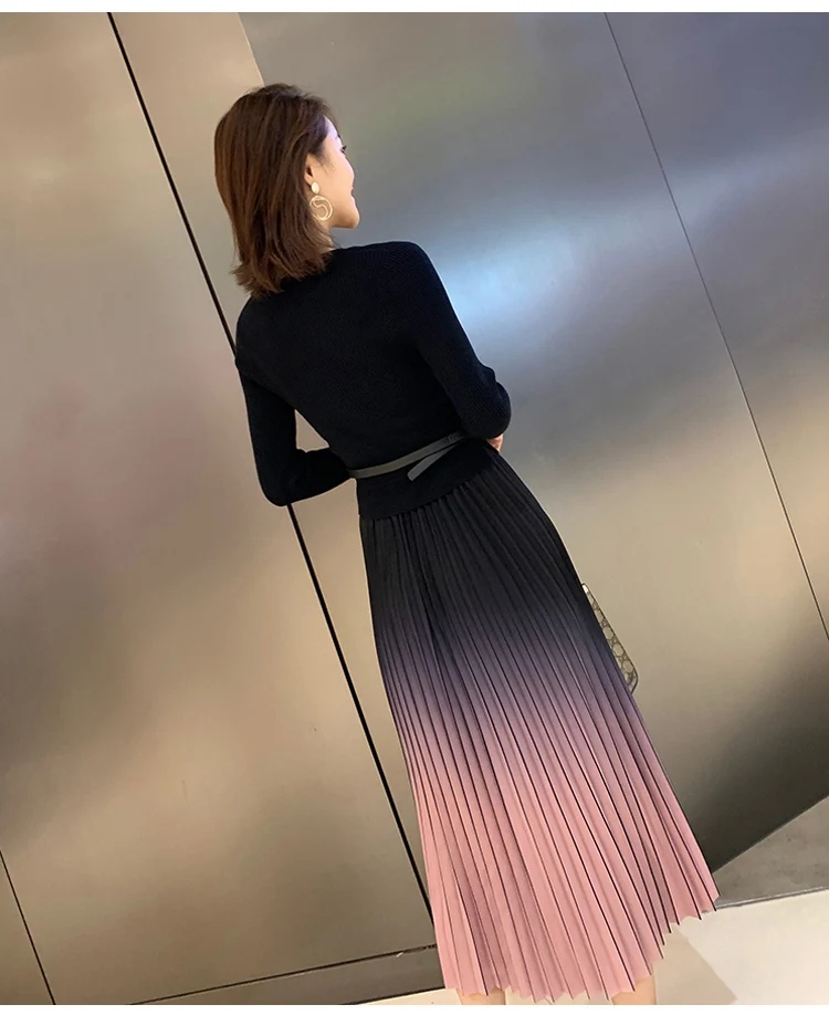 Женское весенне-осеннее трикотажное плиссированное платье миди в стиле пэчворк -