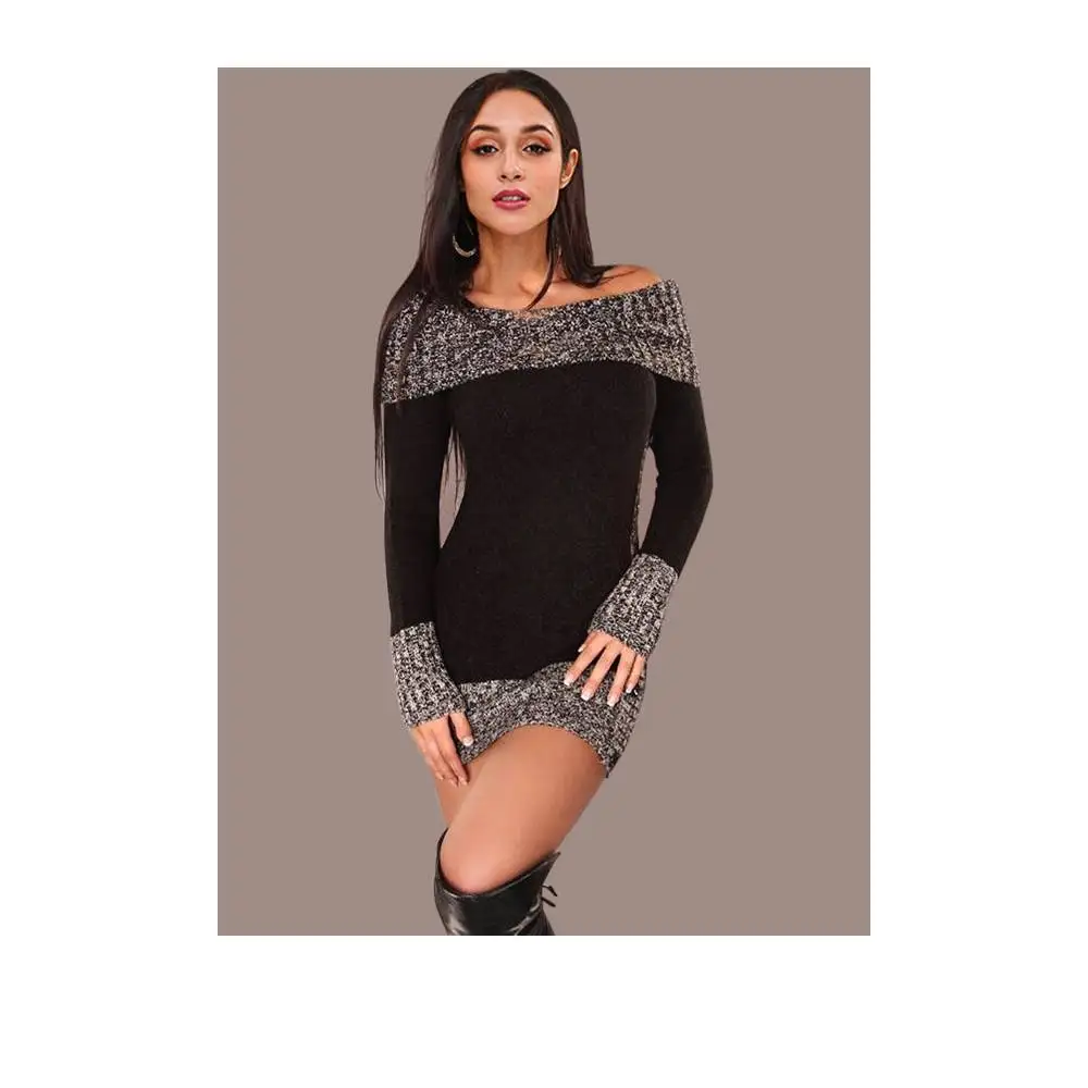 Женское трикотажное платье свитер с длинным рукавом и цветными блоками на