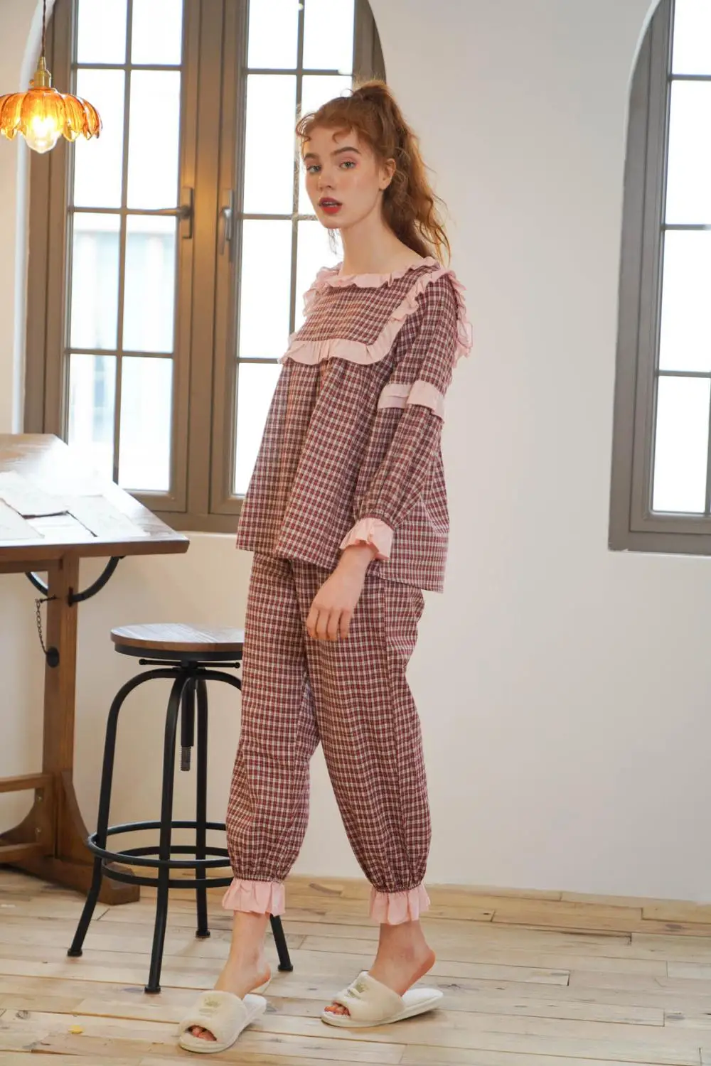 Весенняя хлопковая розовая клетчатая кружевная Домашняя одежда удобный и