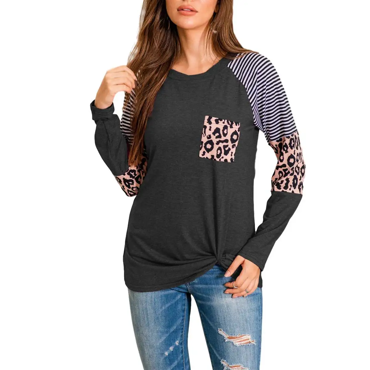 

Womens Autumn Wear, Fashionable Stripes Leopard O-Neck Long-Sleeves T-Shirt with Knotted Hem for Ladies, 5 Colors