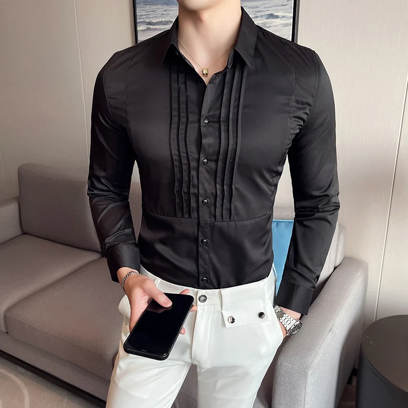 Korean Style High Quality Men Shirt Long Sleeve Solid Formal Business Shirt Slim Brand Man Dress Shirts Social Turn-Down Collar