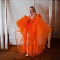 elegant orange party gowns dress spaghetti strap floor length women formal evening dress crystal beading side slit a line tulle
